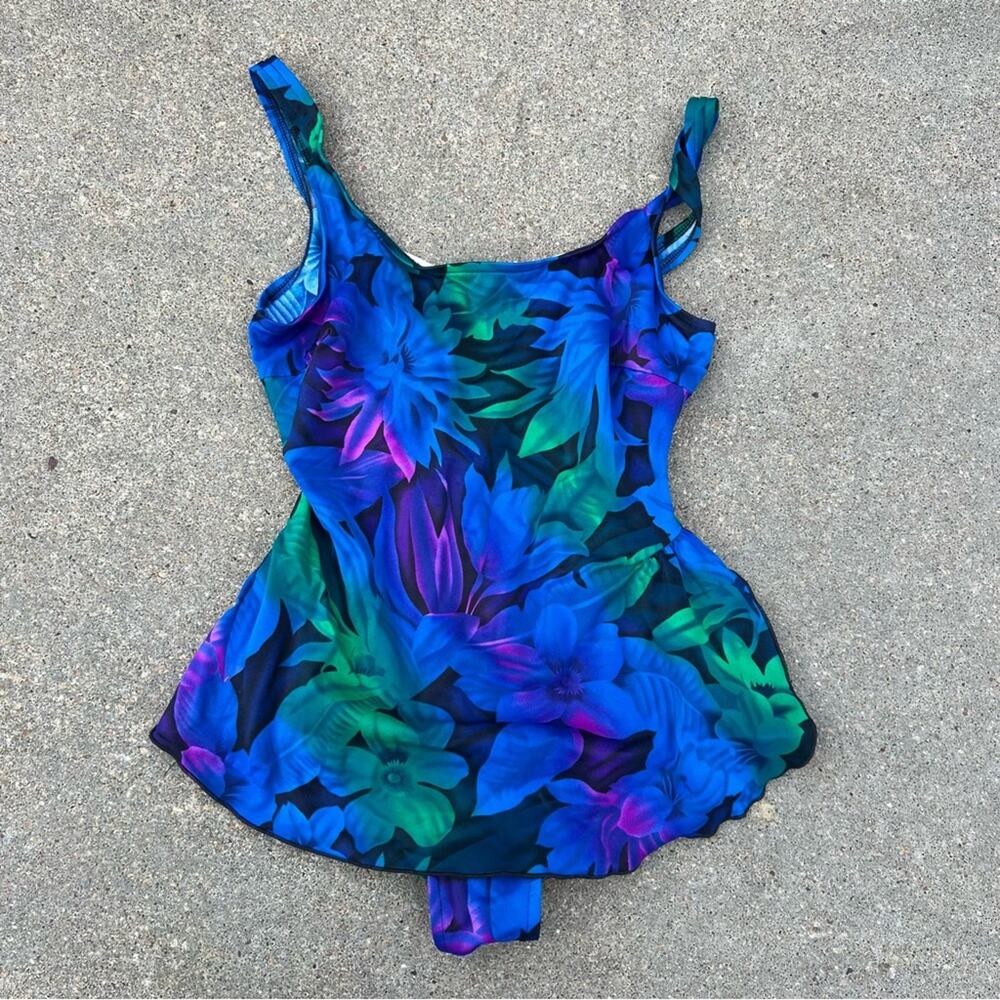 Vintage Jantzen blue tropical floral faux wrap skirt one piece swimsuit